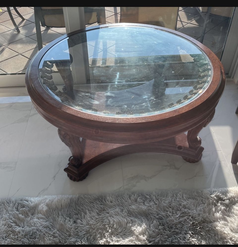 Wood And Glass Round Coffee Table. Must Sell