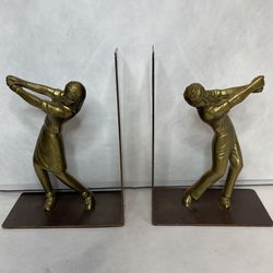 Vintage Solid Brass Female &Male Golfers Bookends  Thumbnail