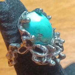 Vintage Sterling Silver Brutalish Style Ring With Turquoise