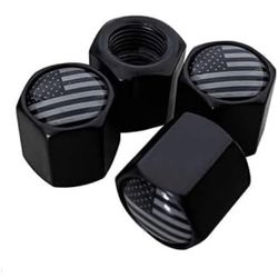4 Pack Valve Stem Cap - Black Subdued Aluminum with Rubber Ring Tire Wheel Rim Dust Cover fits Cars, Trucks, Bikes, Motorcycles, Bicycles (American Fl