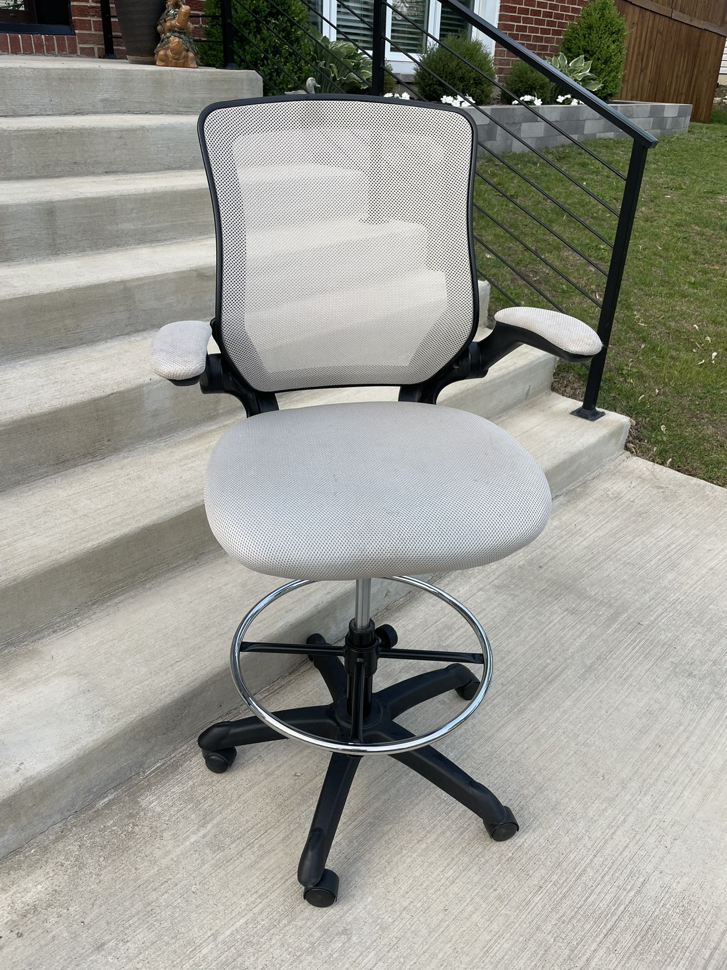 Modway Mid-Back White Mesh Ergonomic Drafting Chair with Adjustable Foot Ring and Flip-Up Arms