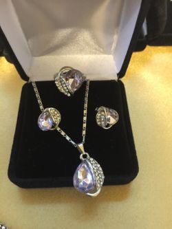 Silver Necklace, Earrings, Ring Sz 6