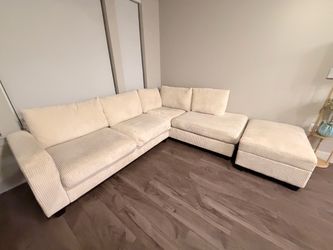 Cream Corduroy Sectional Sofa with Ottoman