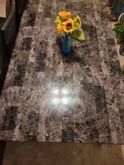 Dark Marble dining table w/ 4 chairs plus  bench. Faux marble and black leather