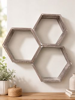 Hexagon Honeycomb Rustic Wood Floating Shelves - Set Of 3