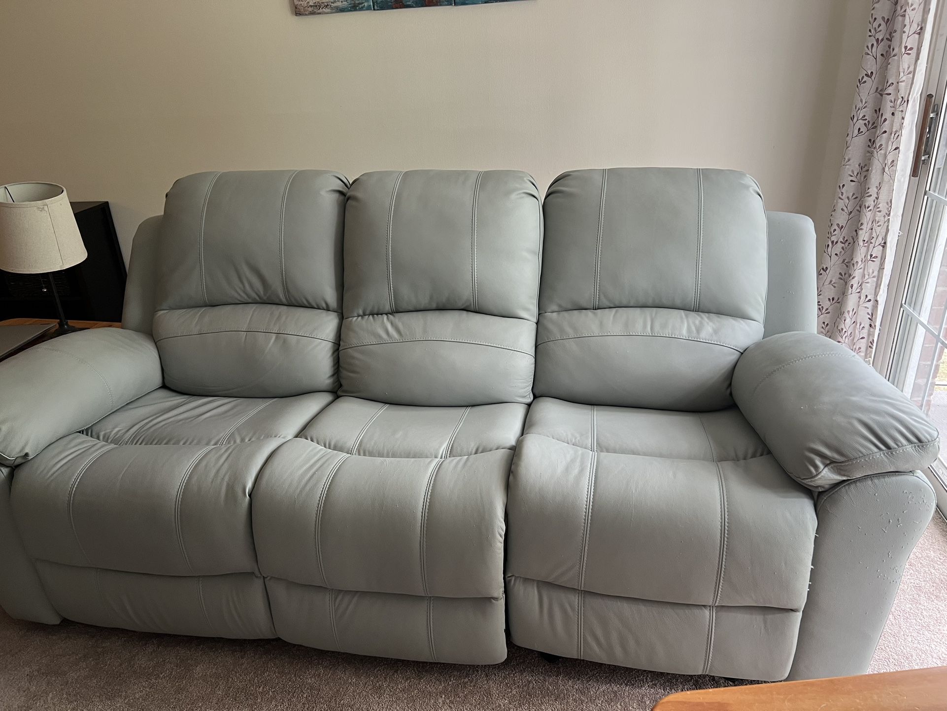 Storm Aqua Leather Reclining Sofa – Like New – $225 OBO