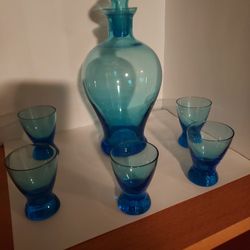 Vintage Blue Cordial Decanter and Glasses Set