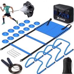 Agility Ladder Speed Training Equipment Set-20ft Agility Ladder,12 Soccer Cones,4 Hurdles, Jump Rope, Running Parachute| Basketball Football Soccer Tr