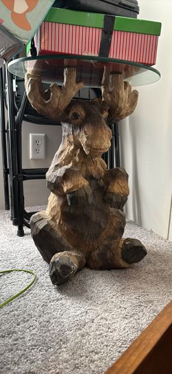 Wood Carved Moose End Table