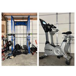 Complete Home Gym Rogue Fitness Monster Rack W/ Attachments Barbell Weights Etc. True Fitness Bike