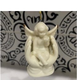 Vintage Porcelain Cherub Angel Blowing Kiss in Lords Hands Gold Gilt Christmas Ornament