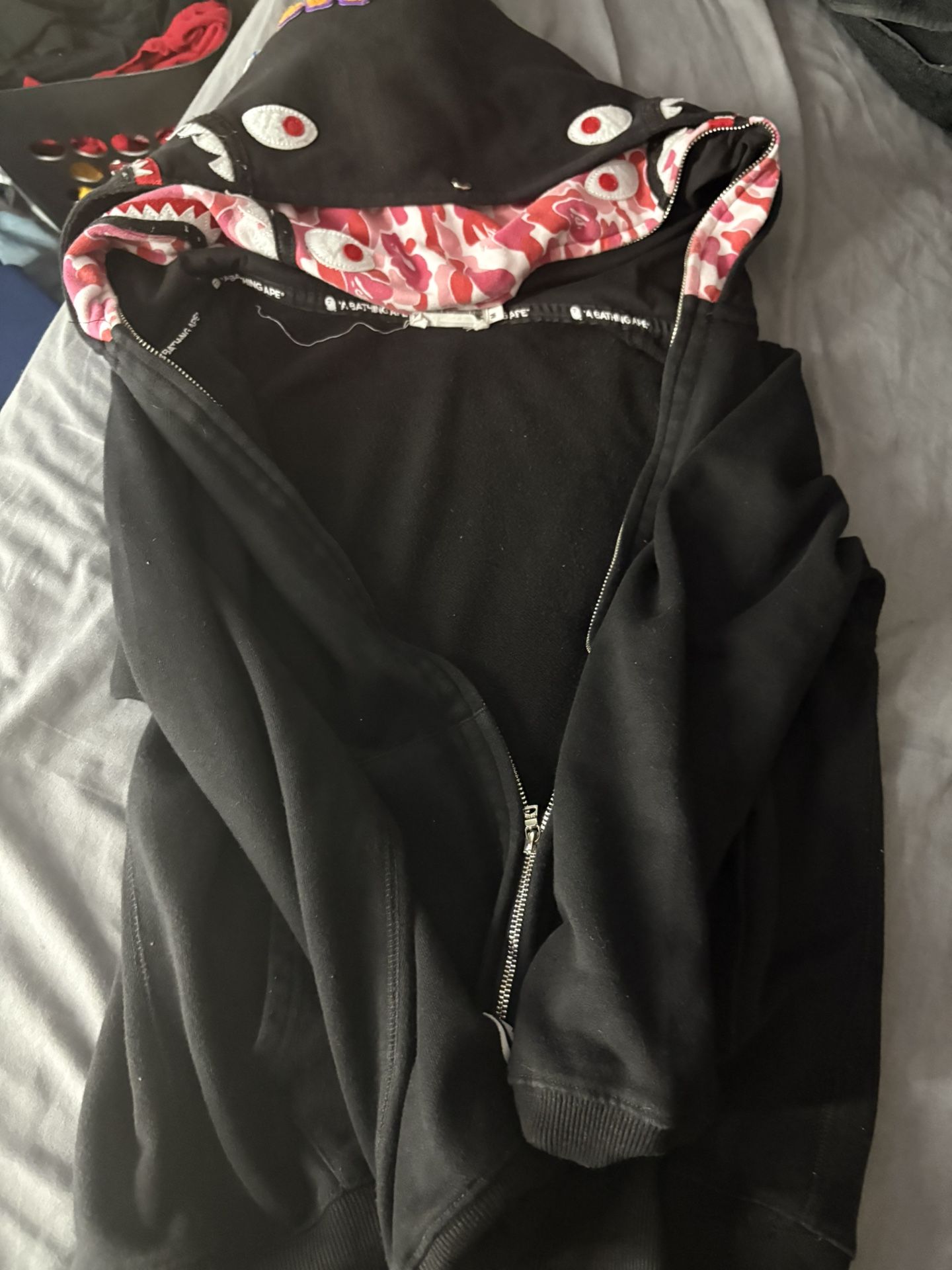 pink and black double hoodie bape jacket