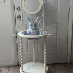 Antique Wash Basin Stand With Pitcher Bowl And Mirror
