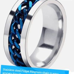 Super Kool stainless Steel Fidget Ring Size 9.5 Moving Blue Chain