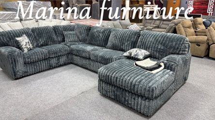Large Gray Corduroy Sectional Sofa with Chaise