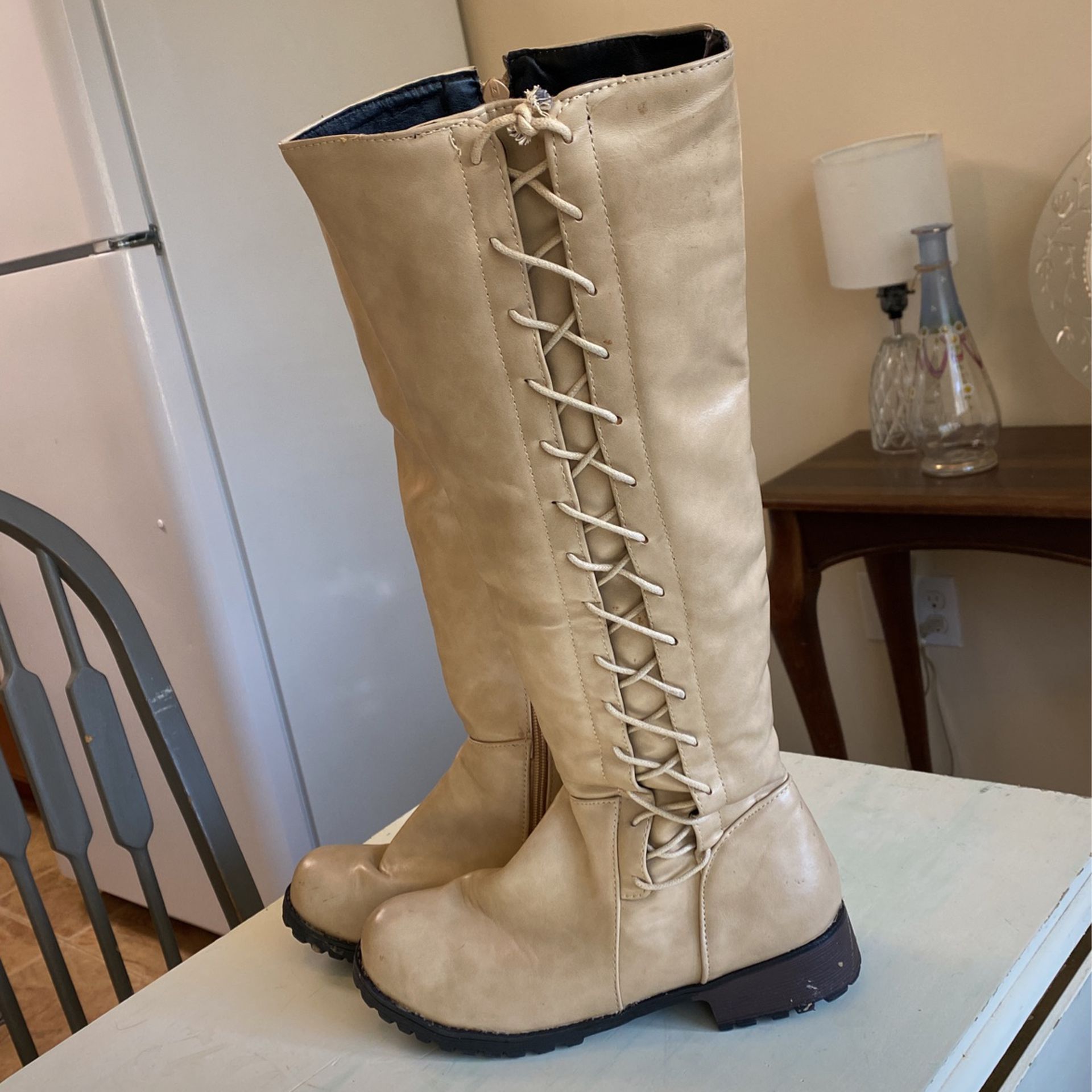 Light Tan Lace Up Boot With Zippe