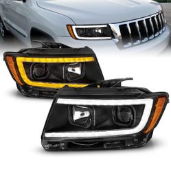 AmeriLite Para Jeep Grand Cherokee WK2 Tipo C 2011-2013 LED Switchback Tube Negro Cuadrado Proyector Par de Conjunto - Lado del pasajero y del conduct