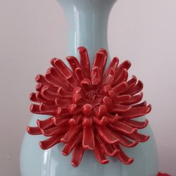 9" Anthropologie Chrysanthemum Flower Vase: Celedon Blue with Red Applied Pottery Flower.