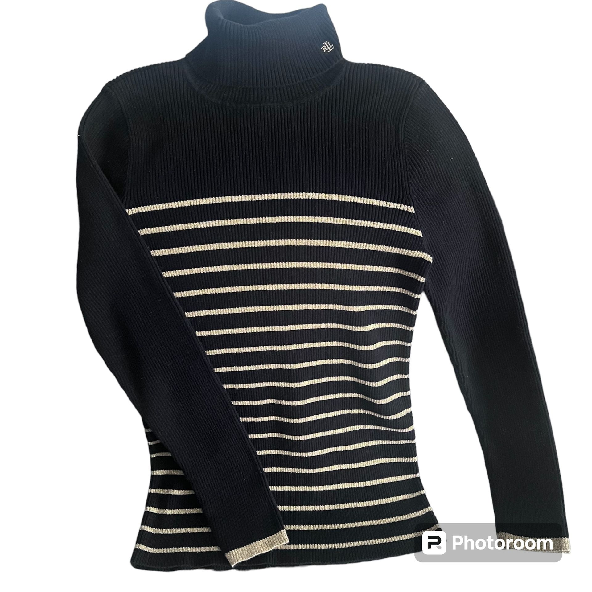 LAUREN RALPH LAUREN Size Large Black Gold Stripe Ribbed Turtleneck Sweater