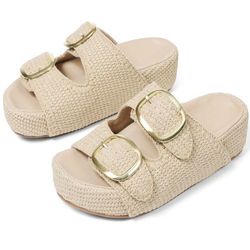 Summer Raffia Platform Sandals Women Thick Bottom Rivit Buckle Slippers Comfy size 5.5 Platform Height:About 1.5 IN Occasion: Outdoor