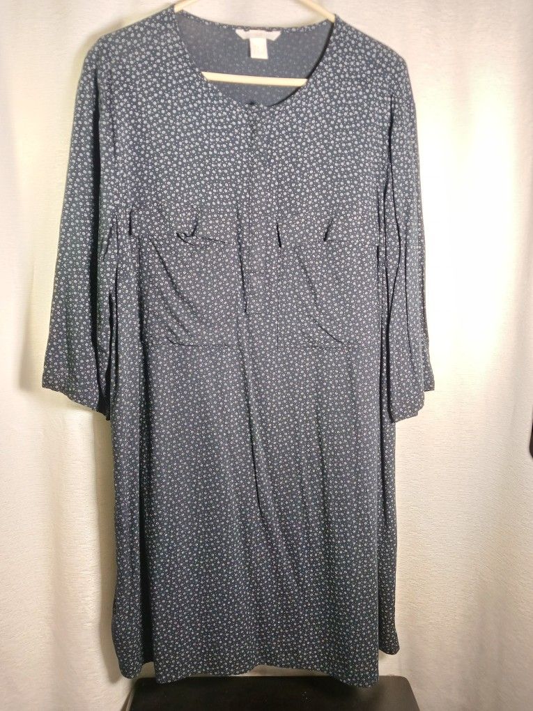 H & M Women’s Sz 14 Tunic Dress 3/4 Sleeve Top Shirt Dressl Blue White Dot