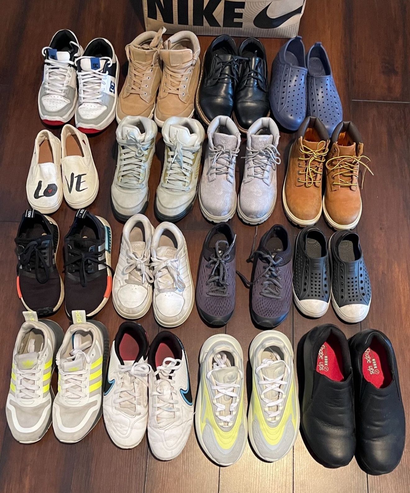 Kids Shoes up left to Right  DC size 4y $10  Boots light brown size 4Y $15  Black dress shoes size 4Y $15  Robber water shoes 2.5y $5  White Tom’s Gir