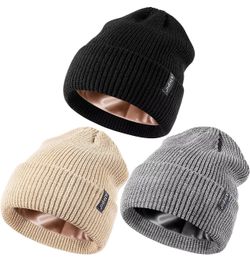3 Pack Satin Lined Beanie for Women Men, Silk Lined Winter Hats for Cold Weather, Warm Cable Knit Skull Cap Cuffed Beanies