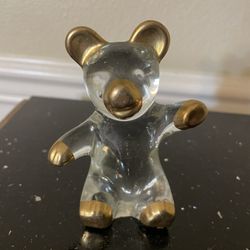 Vintage Glass Teddy Bear Paperweight with Gold Tone Accents 4”