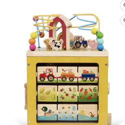 Battat Barnyard Activity Cube with 5 Multicolor Sides and Bead Maze Wooden, Baby and Toddler Toys