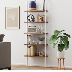 Nathan James Theo 5-Shelf Wood Modern Bookcase, Open Wall Mount Ladder Bookshelf with Industrial Metal Frame, Light Brown Oak/White