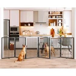 Folding No-Assembly Metal Pet Gate 120" Wide, 32" Extra Tall Dog Gate with Door Walk Through, Freestanding Accordion Puppy Gate Dog Door for Indoor & 