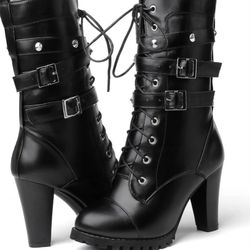 Black Lace-Up Buckle High-Heel Combat Boots - Women