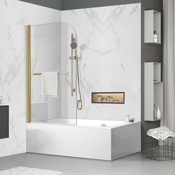 New 34” x 58” Frameless Bathtub Shower Door w/ 6mm Tempered Glass & Stainless Steel Metal in Brushed Gold