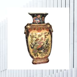 Vintage/Antique Large Hand Painted Oriental Vase w Gold Handles, Birds, Flowers 15.75” Tall