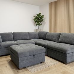 Thomasville Tisdale Fabric Modular Sectional Sofa with Storage Ottoman, Dark Gray
