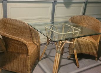 VINTAGE BAMBOO SQUARE TEMPERED GLASS TABLE & TWO WOVEN RATTAN  AND WICKER  BARREL ARM CHAIR