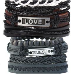 2 x Set Adjust. Size up to 9.5inc Leather Bracelet, (Love-I__Jesus)