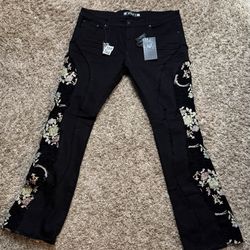 Stylo Black Embroidered Floral Flare Denim Jeans 5-Pocket Button Men's