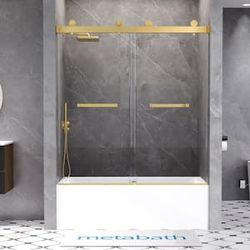 Double Sliding Frameless Tub Door in Brushed Gold with 10mm glass. Tempered glass
