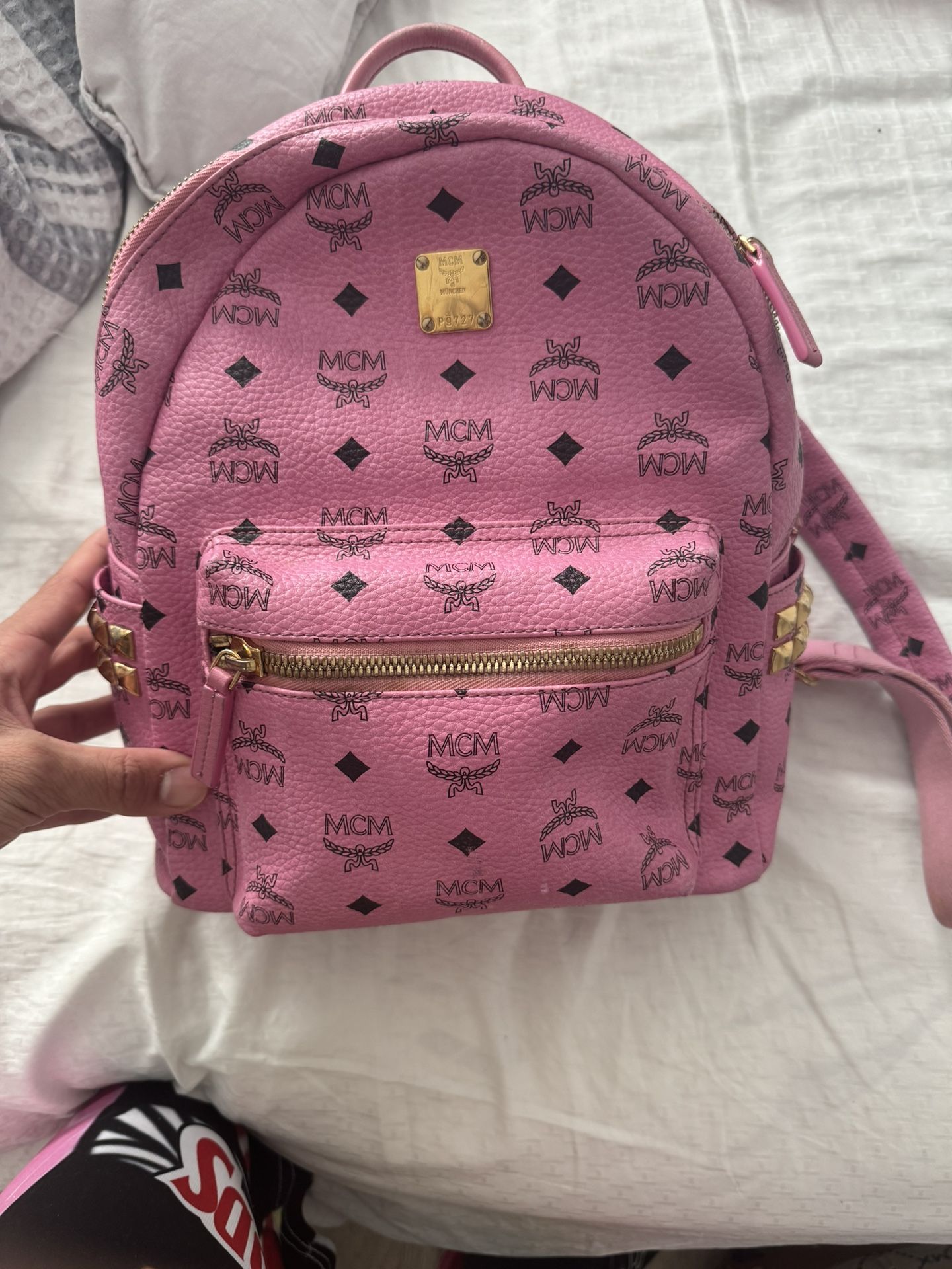 pink mcm bag with pink off whites 