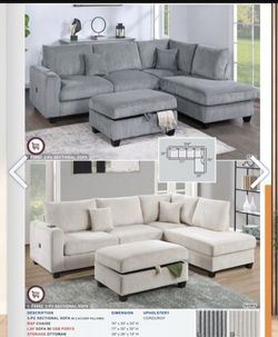 Sectional sofa with storage ottoman grey or ivory