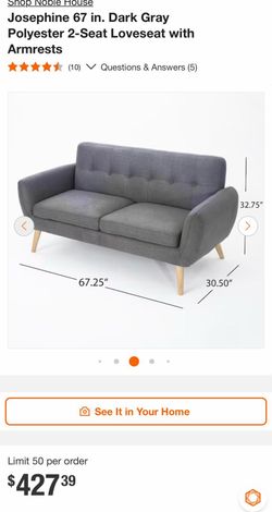 Josephine Dark Gray Polyester 2-Seat Loveseat with Armrests
