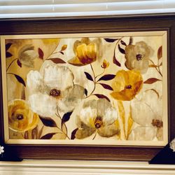 New large double-framed floral print in neutrals (grays, whites, golds).