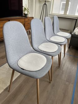 4 Mid-Century Style Upholstered Dining Chairs, Gray Fabric, Wood Style Legs — $40/set, Priced to Move