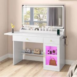 Vanity Desk with Large Mirror and Lights, 39.4" Glass Top Makeup Vanity with RGB Cabinet Drawers Power Outlet 3 Color Light Modes Brightness Adjustabl