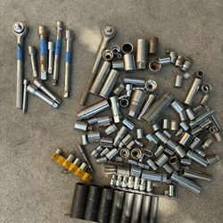 Ratchet Wrenches, Extensions, Sockets. Approximately 125 Pieces, Many sizes & Brands. Sold All Together. 