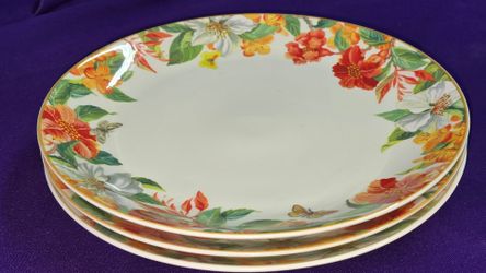 Set of 3 Spode Maui floral and butterfly coupe dinner plate with a gold rim 10 3/8 Inches A68M007.