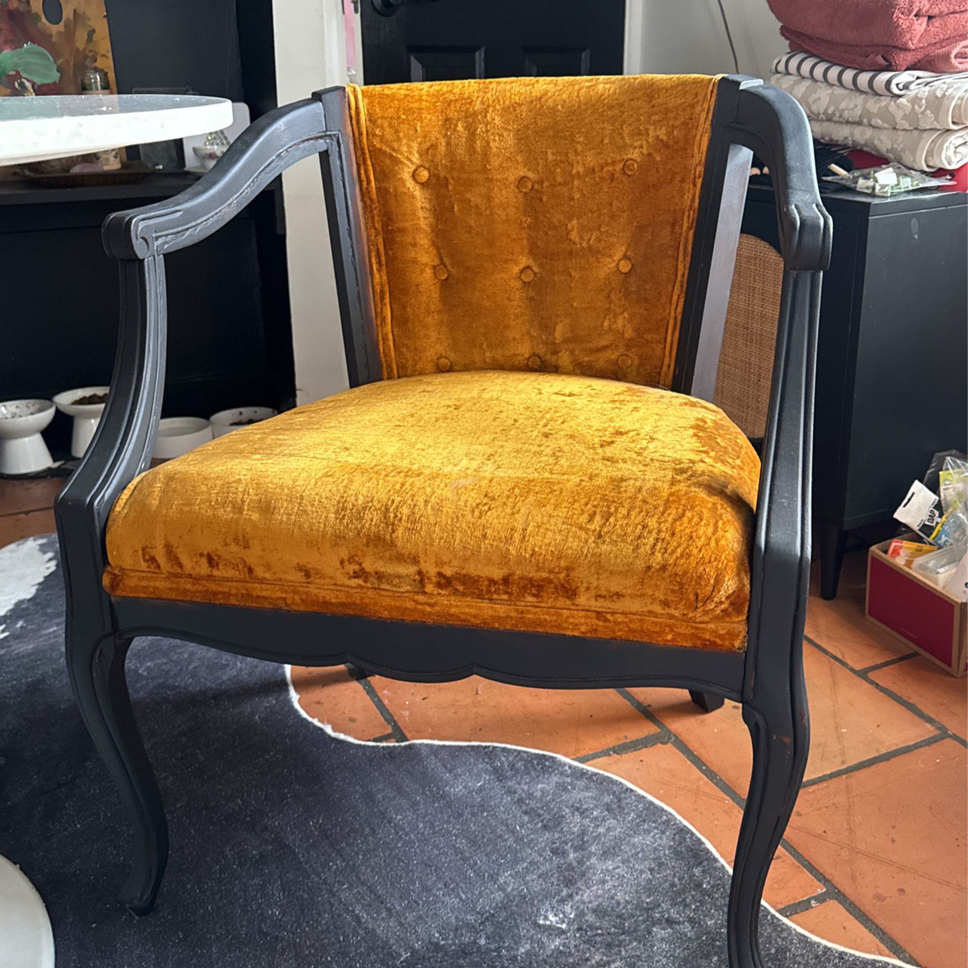 Pair Of Vintage Upholstered Chairs Gold Velvet 