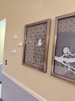 3-Piece Framed Bird Wall Art Set with 4 Ceramic Birds — $100