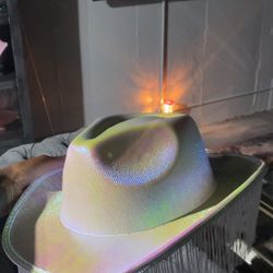 Brand New Iridescent White Cowgirl Hat W/ Fringe 